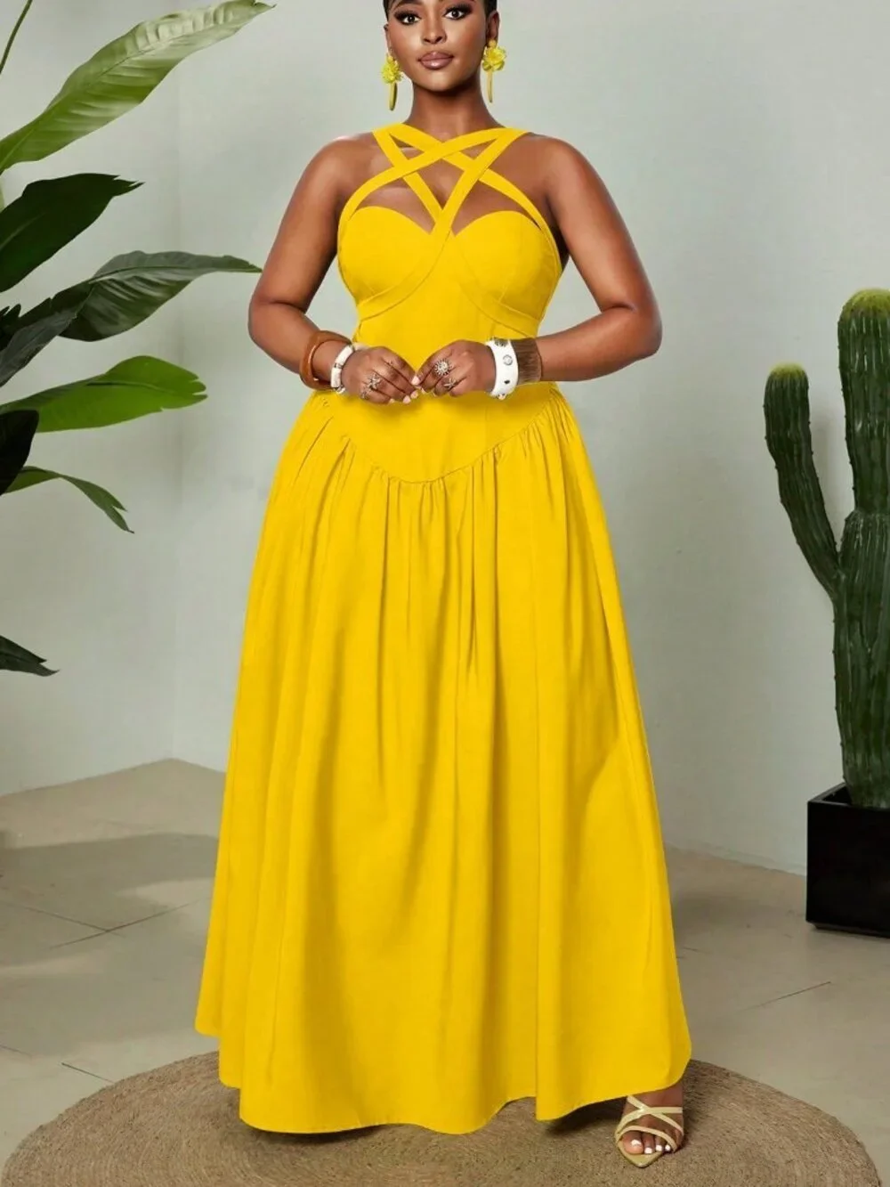 Yellow Womens Plus Size Elegant Sexy Spaghetti Strap Sleeveless Flowy maxi Dress